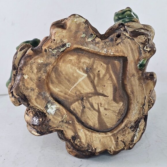 Vintage Majolica Style Bear Tree Trunk Planter Vase Green Brown Glaze - Picture 9 of 9